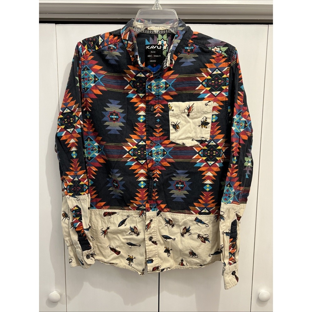 VTG Y2K‎ Kavu Long Sleeve AOP Southwestern/Aztec/Fishing Men's M Button-Up Shirt